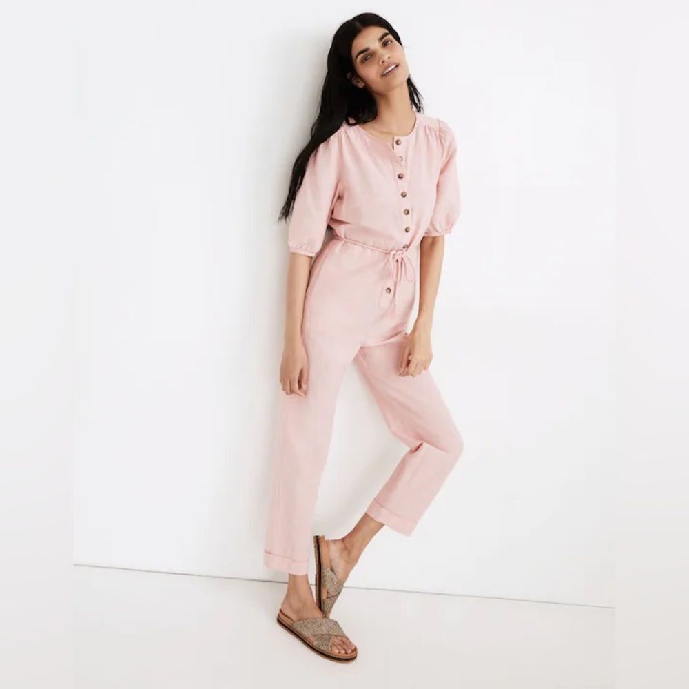 NWT Madewell Coral Sunrise Linen Blend Puff Sleeve Jumpsuit $138 XS